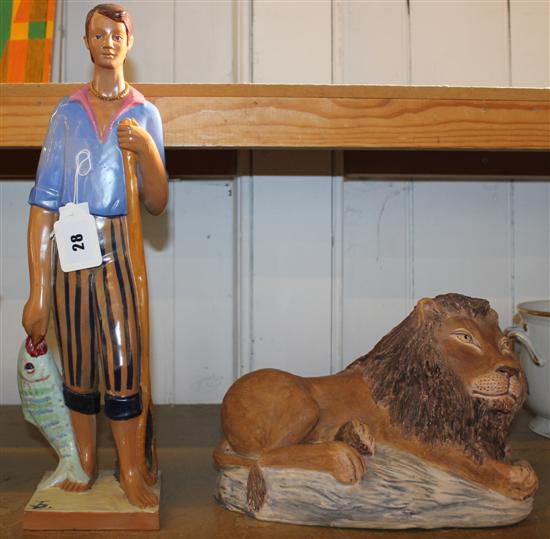 French pottery lion & figure(-)